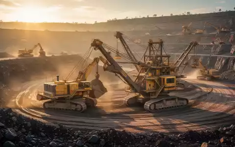 Goldminenbetrieb mit schwerem Gerät in einer Tagebau-Mine bei Sonnenuntergang. - Foto: über boerse-global.de