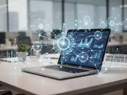 Ein moderner Büroarbeitsplatz mit einem Laptop und einer digitalen Datenvisualisierung als Symbol für den KI-Einfluss. - Foto: über boerse-global.de