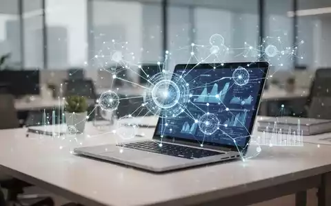 Ein moderner Büroarbeitsplatz mit einem Laptop und einer digitalen Datenvisualisierung als Symbol für den KI-Einfluss. - Foto: über boerse-global.de