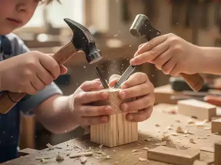 Nahaufnahme eines Kindes, das konzentriert mit einem Hammer an einem Werkstück aus Holz arbeitet. - Foto: über boerse-global.de