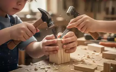 Nahaufnahme eines Kindes, das konzentriert mit einem Hammer an einem Werkstück aus Holz arbeitet. - Foto: über boerse-global.de