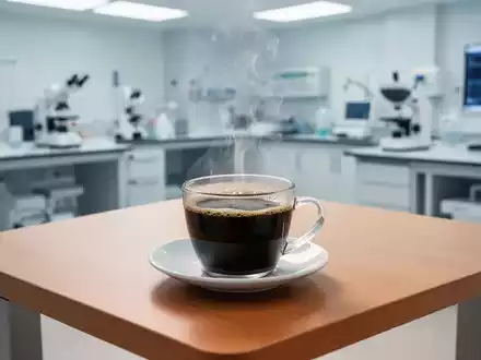 Eine Tasse schwarzer Filterkaffee auf einem modernen Holztisch in einer hellen, klinischen Umgebung. - Foto: über boerse-global.de