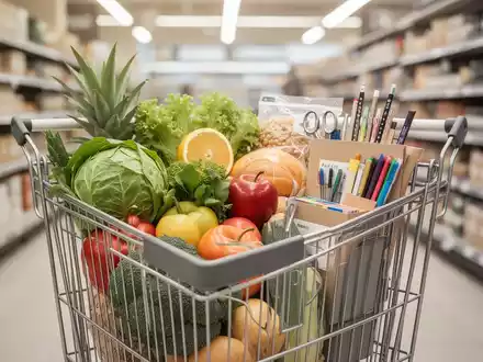 Ein Einkaufswagen mit Lebensmitteln und Schulbedarf in einem hellen Supermarktgang als Symbol für Budgetoptimierung. - Foto: über boerse-global.de