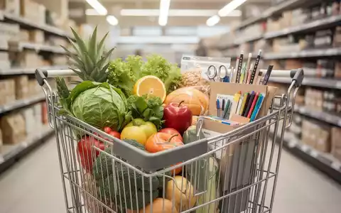 Ein Einkaufswagen mit Lebensmitteln und Schulbedarf in einem hellen Supermarktgang als Symbol für Budgetoptimierung. - Foto: über boerse-global.de