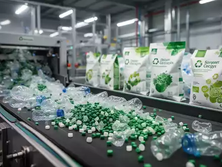 Nahaufnahme von recycelten Kunststoffgranulaten auf einem Förderband in einer modernen Recyclinganlage. - Foto: über boerse-global.de