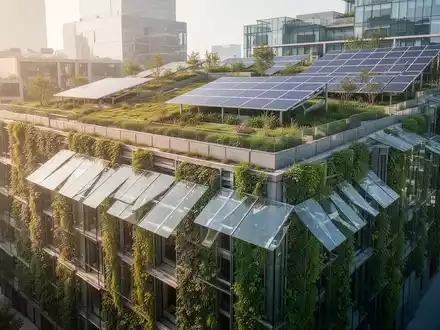 Modernes Gebäude mit Fassadenbegrünung und Sonnenschutz als Maßnahme für den Hitzeschutz im urbanen Raum. - Foto: über boerse-global.de