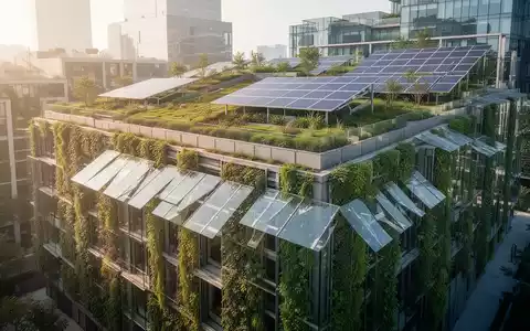 Modernes Gebäude mit Fassadenbegrünung und Sonnenschutz als Maßnahme für den Hitzeschutz im urbanen Raum. - Foto: über boerse-global.de