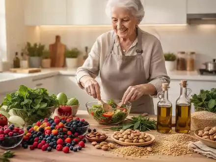 Eine ältere Person bereitet in einer modernen Küche eine gesunde Mahlzeit aus frischem Gemüse, Beeren und Nüssen zu. - Foto: über boerse-global.de