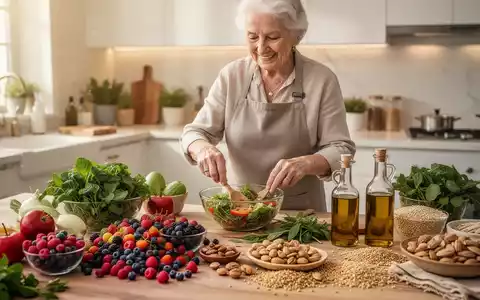 Eine ältere Person bereitet in einer modernen Küche eine gesunde Mahlzeit aus frischem Gemüse, Beeren und Nüssen zu. - Foto: über boerse-global.de