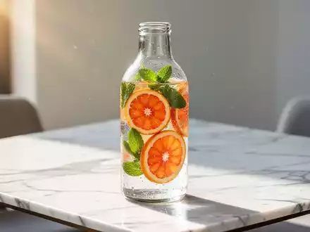 Eine Glasflasche mit Wasser, das mit frischen Zitrusfrüchten und Minze veredelt ist, in hellem sommerlichem Tageslicht. - Foto: über boerse-global.de