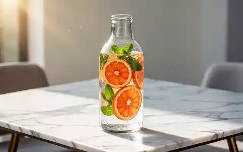 Eine Glasflasche mit Wasser, das mit frischen Zitrusfrüchten und Minze veredelt ist, in hellem sommerlichem Tageslicht. - Foto: über boerse-global.de