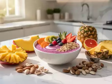 Frische, bunte sommerliche Zutaten wie Obst und eine Protein-Bowl auf einem hellen Küchentisch bei natürlichem Licht. - Foto: über boerse-global.de