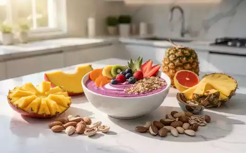 Frische, bunte sommerliche Zutaten wie Obst und eine Protein-Bowl auf einem hellen Küchentisch bei natürlichem Licht. - Foto: über boerse-global.de