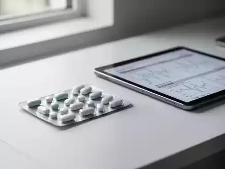 Blisterpackung eines Medikaments neben einem Tablet mit medizinischen Diagrammen auf einem minimalistischen Schreibtisch. - Foto: über boerse-global.de