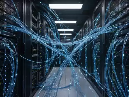Moderner Serverraum mit leuchtenden Glasfaserkabeln, die fortschrittliche KI-Infrastruktur und Cybersicherheit darstellen. - Foto: über boerse-global.de