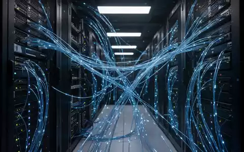 Moderner Serverraum mit leuchtenden Glasfaserkabeln, die fortschrittliche KI-Infrastruktur und Cybersicherheit darstellen. - Foto: über boerse-global.de