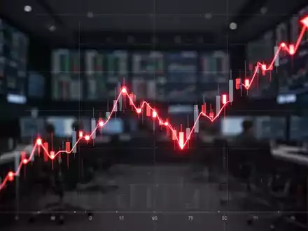 Digitale Kursgrafik mit fallender roter Trendlinie vor einem verschwommenen Hintergrund einer Börsenumgebung. - Foto: über boerse-global.de
