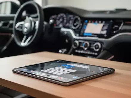 iPad Pro zeigt eine Messaging-App-Oberfläche neben einem unscharfen Armaturenbrett-Innenraum. - Foto: über boerse-global.de
