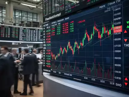 Digitale Anzeigetafel mit schwankenden Aktienkursen und verschwommenen Finanzmarkthändlern im Hintergrund. - Foto: über boerse-global.de