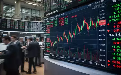 Digitale Anzeigetafel mit schwankenden Aktienkursen und verschwommenen Finanzmarkthändlern im Hintergrund. - Foto: über boerse-global.de
