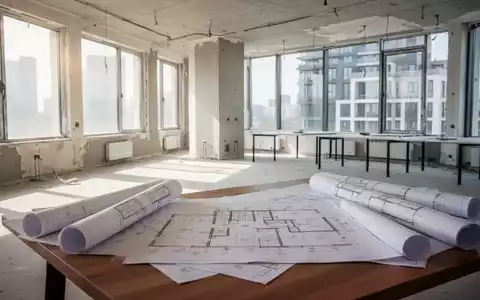 Modernes Bürogebäude im Umbau zu Wohnraum mit Bauplänen im Vordergrund. - Foto: über boerse-global.de