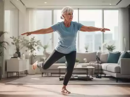 Eine aktive ältere Person bei einer dynamischen Bewegungsübung in einem hellen, modernen Raum. - Foto: über boerse-global.de