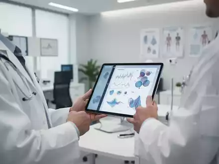 Medizinisches Beratungsgespräch in einer modernen Praxis mit Fokus auf digitale Gesundheitsdaten und Therapieansätze. - Foto: über boerse-global.de