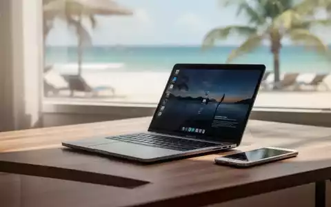 Ein moderner Schreibtisch mit Laptop und Smartphone vor einem unscharfen Hintergrund, der an einen Urlaub erinnert. - Foto: über boerse-global.de
