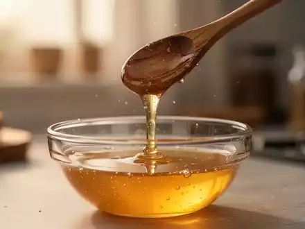 Ein hölzerner Löffel träufelt goldenen Honig in eine Glasschale vor unscharfem Hintergrund. - Foto: über boerse-global.de