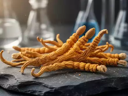 Nahaufnahme von getrockneten Cordyceps-Pilzen auf dunklem Steinuntergrund mit weicher Beleuchtung. - Foto: über boerse-global.de