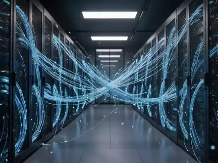Leuchtende Glasfaserkabel in einem modernen Serverraum, die finanzielle Cybersicherheit und KI-Infrastrukturrisiken darstellen. - Foto: über boerse-global.de
