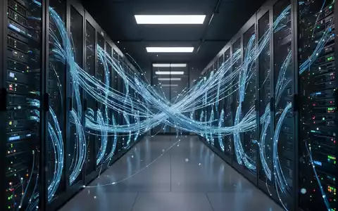 Leuchtende Glasfaserkabel in einem modernen Serverraum, die finanzielle Cybersicherheit und KI-Infrastrukturrisiken darstellen. - Foto: über boerse-global.de
