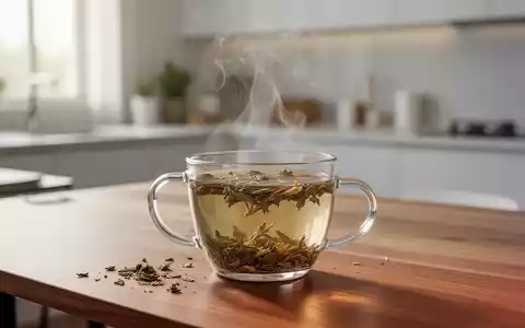 Dampfende Tasse Kräutertee auf einem modernen Holztisch in einer hellen, minimalistischen Küche. - Foto: über boerse-global.de