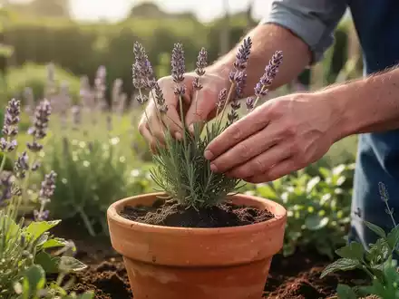 Nahaufnahme einer Hand, die einen Lavendelsteckling in einen Tontopf pflanzt, in einem gepflegten, naturnahen Garten. - Foto: über boerse-global.de