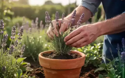 Nahaufnahme einer Hand, die einen Lavendelsteckling in einen Tontopf pflanzt, in einem gepflegten, naturnahen Garten. - Foto: über boerse-global.de