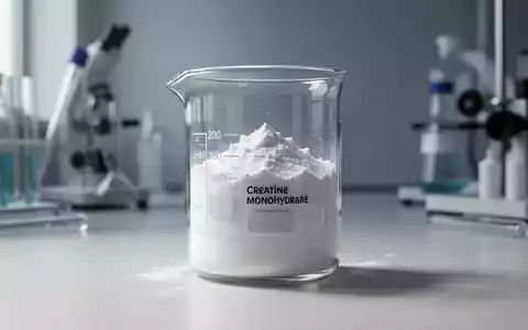 Ein Glasbecher mit weißem Kreatin-Pulver in einer professionellen, minimalistischen Laborumgebung. - Foto: über boerse-global.de