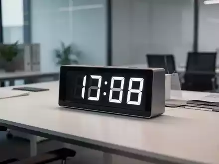 Digitale Stempeluhr auf einem modernen Schreibtisch im Büro, symbolisiert die präzise Arbeitszeiterfassung. - Foto: über boerse-global.de