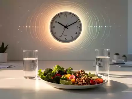 Gesunde Mahlzeit auf einem Schreibtisch mit einer Uhr im Hintergrund, die den biologischen Rhythmus symbolisiert. - Foto: über boerse-global.de
