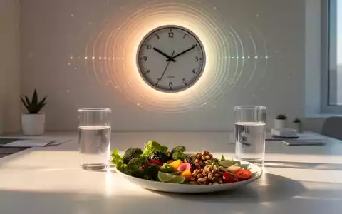 Gesunde Mahlzeit auf einem Schreibtisch mit einer Uhr im Hintergrund, die den biologischen Rhythmus symbolisiert. - Foto: über boerse-global.de