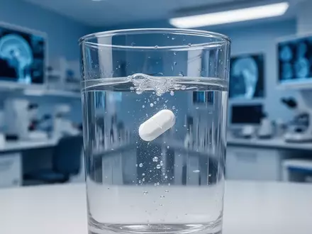 Eine einzelne Nahrungsergänzungspille in einem Glas Wasser vor einem unscharfen, klinischen Laborhintergrund. - Foto: über boerse-global.de