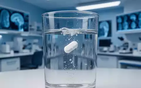 Eine einzelne NahrungsergĂ€nzungspille in einem Glas Wasser vor einem unscharfen, klinischen Laborhintergrund. - Foto: ĂŒber boerse-global.de