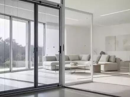 Modernes, minimalistisch eingerichtetes Wohnzimmer mit einem diskreten, maßgefertigten Insektenschutzgitter am Fenster. - Foto: über boerse-global.de
