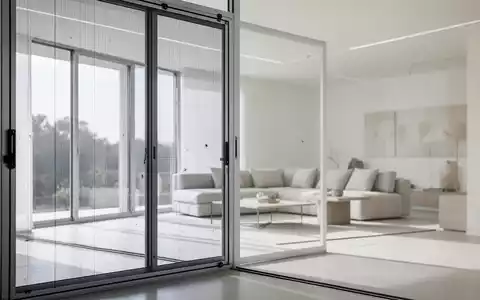 Modernes, minimalistisch eingerichtetes Wohnzimmer mit einem diskreten, maßgefertigten Insektenschutzgitter am Fenster. - Foto: über boerse-global.de