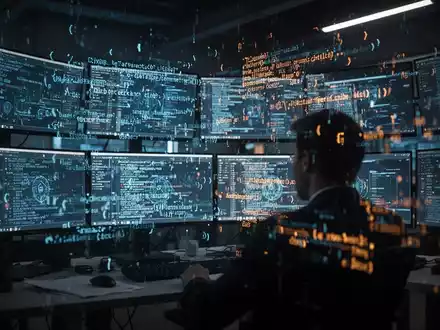 Cybersicherheitsanalyst-Monitor mit komplexem digitalem Code und Datenströmen, die eine modulare Malware-Bedrohung darstellen. - Foto: über boerse-global.de