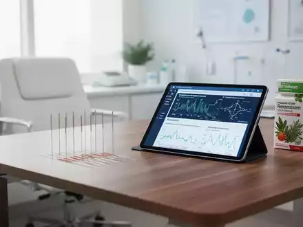 Moderne Arztpraxis mit Akupunkturnadeln und medizinischem Equipment auf einem Schreibtisch. - Foto: über boerse-global.de