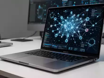 Nahaufnahme eines MacBook Pro mit abstrakten neuronalen Netzwerk-Visualisierungen auf dem Bildschirm. - Foto: über boerse-global.de