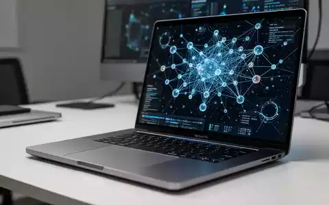 Nahaufnahme eines MacBook Pro mit abstrakten neuronalen Netzwerk-Visualisierungen auf dem Bildschirm. - Foto: über boerse-global.de
