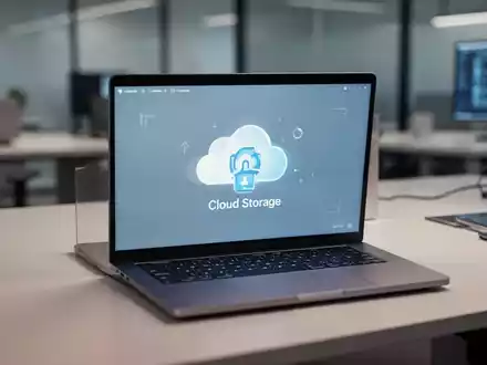 Ein Laptop-Bildschirm zeigt Cloud-Speicher-Synchronisationssymbole in einem professionellen Büro. - Foto: über boerse-global.de