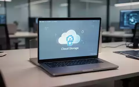 Ein Laptop-Bildschirm zeigt Cloud-Speicher-Synchronisationssymbole in einem professionellen Büro. - Foto: über boerse-global.de