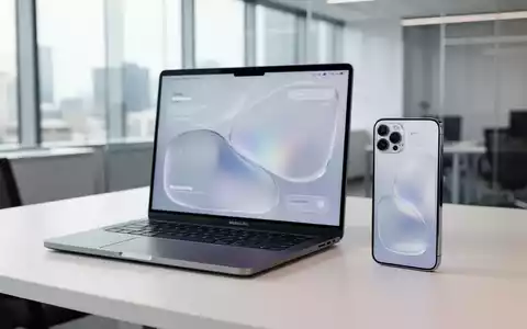 Ein modernes MacBook und iPhone auf einem Schreibtisch mit transluzenter Glas-Morphismus-Benutzeroberfläche. - Foto: über boerse-global.de